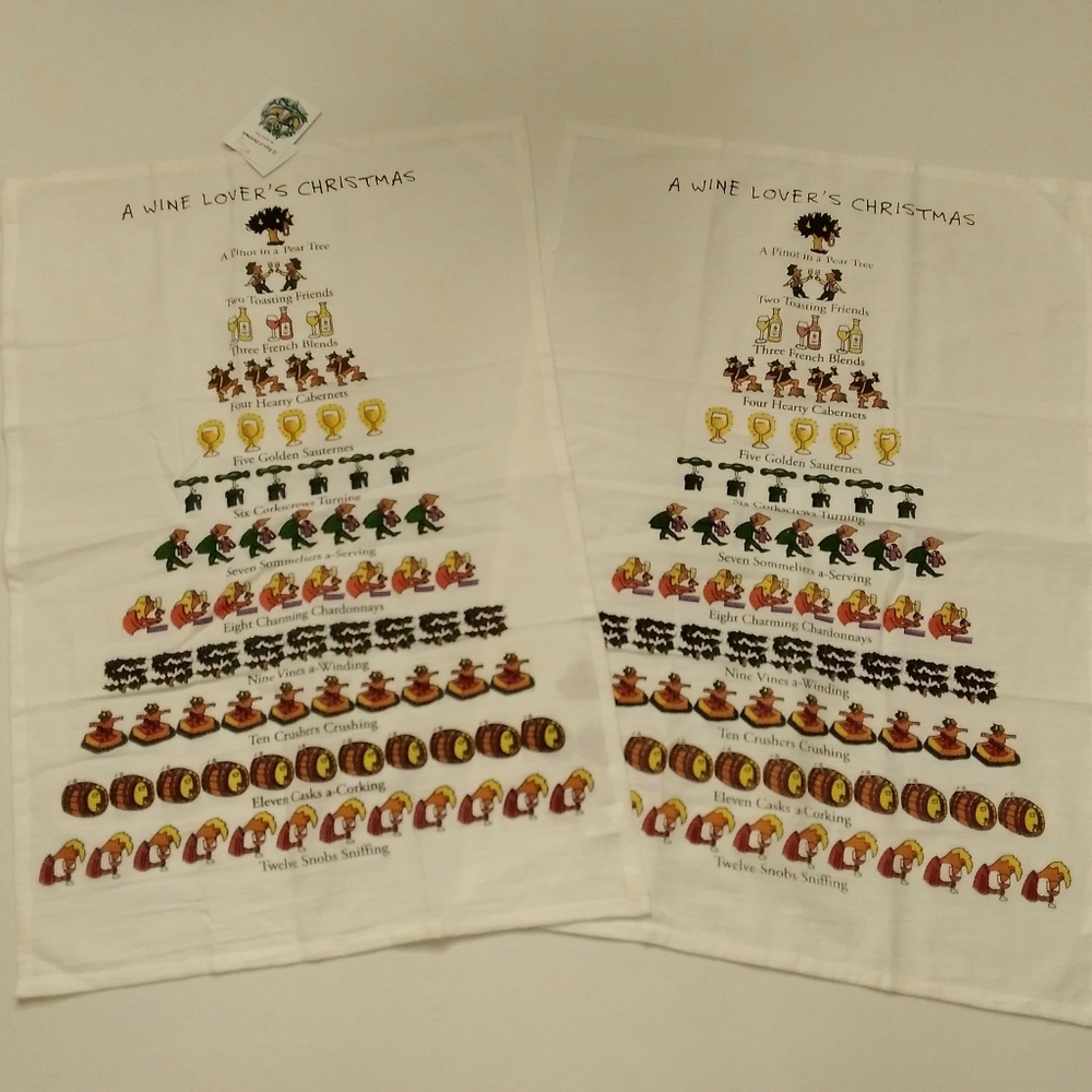 Lot of 2 A Wine Lover's 12 Days of Christmas Dish TOWEL 18" x 26" by David Price